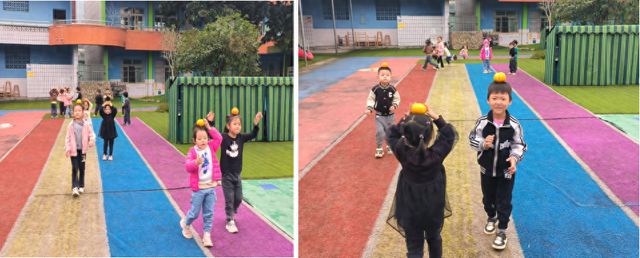 九游娱乐：江安县怡乐镇中心幼儿园中班开展趣味顶橘子体育游戏活动(图1)